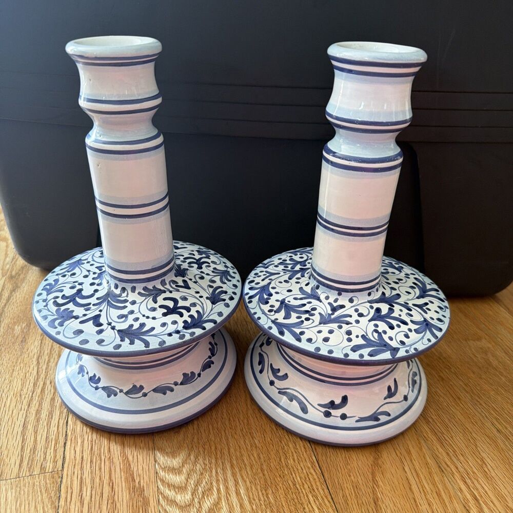 2 Ethan Allen Handcrafted Italy Delft Blue Ceramic candleholder 10”